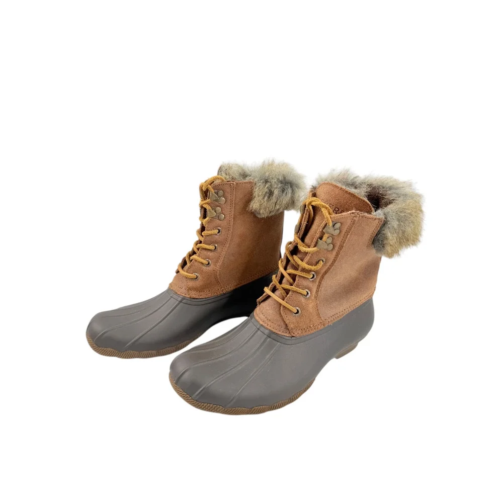 Sperry Top-Sider White Water Duck Winter Boots Brown Faux Fur Lace Up Sz 9M Cozy